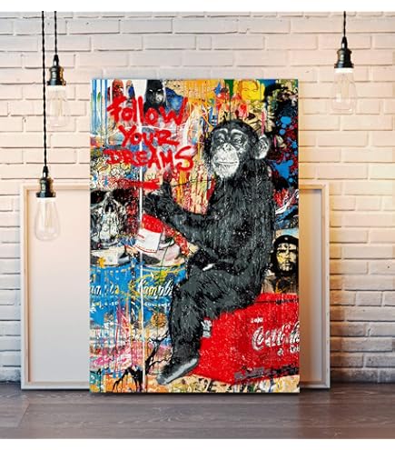 MONKEY DJ BANKSY COLOURFUL SWIRL CANVAS STREET WALL ART