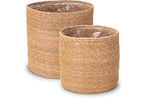 Decorasian - Cache-pot en jonc de mer tressé - Pot de fleurs décoratif avec insert en film dans le style Boho - Naturel - Lot de 35 cm + 30 cm
