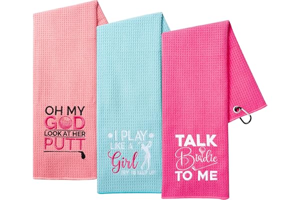 A1DIEE Lot de 3 serviettes de golf absorbantes en microfibre pour femme, rose, motif brodé avec mousqueton pour sacs, cadeaux de sport, accessoires pour maman, épouse, golfeurs