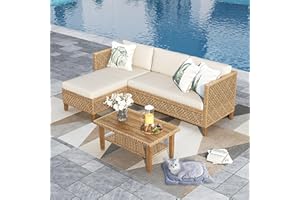 PHI VILLA Gartenmöbel Set Balkonmöbel 3 Teilig, Rattan Lounge Möbel Outdoor mit 1 Chaiselongue, 1 Zweisitzer-Sofa und 1 Kleiner Couchtisch, 4 Personen Terassenmöbel Außen Gartensofa
