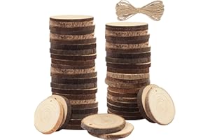 Kurtzy 50pz Dischetti Legno Grezzo - 3-5 cm di Diametro, 5 mm di Spessore - Cerchi Legno Fette Preforate e 10m Spago Iuta -Dischi Legno con Corteccia e Finitura Liscia per Artigianato e Decorazioni