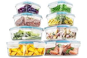 KICHLY - Recipientes de vidrio para almacenar alimentos - 8 recipientes transparentes con tapa Tapers herméticos de vidrio - aptos para lavavajillas, microondas y sin BPA