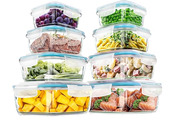 KICHLY - Recipientes De Vidrio Para Alimentos - Paquete De 8 Recipientes Herméticos Para Alimentos Con Tapas Transparentes - Aptos Para Lavavajillas Y Microondas, Sin BPA