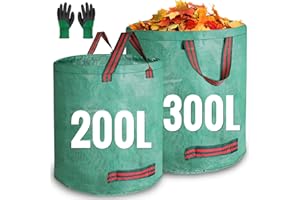 JARDILIFE Garden Waste Bags Heavy Duty 200 300 Litre 2 Pack, Reusable Garden Sacks with 1 Pair of Gardening Work Gloves, Tools Bags for Garden Waste Plant Waste Grass Leaves (200L*300L)