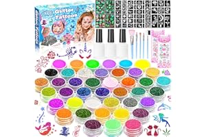 GUHAOOL Kit de Tatuajes Purpurina Temporales,41 Colores Brillo con 159 Plantillas,245 Pedrería,Kit de Tatuaje Purpurina para Niños,Kit Tatuajes Temporales Niñas,Regalo para Niña,Para Fiestas,Carnaval