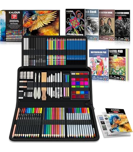KALOUR PDAS 112 tekenset schetsset, professionele kunstbenodigdheden met 3-kleuren schetsboek en kleurboek, neon, gekleurd, aquarel, metaal, grafiet, houtskoolpotloden, cadeau voor kunstenaars