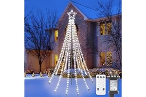 Joomer Christmas Tree Lights White with Ring and Topper Star, 450LED 2.3m x 10 Strand Mains Powered with Remote Control, 8 Modes Timer String Lights Outdoor for Garden Lawn Xmas Decor