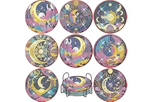AIKEWO 8 PCS Mystical Moon Diamond Art Coasters Diamond Art Coasters Kits with Holder Mystical Moon DIY Coasters for Beginners, Adults, Diamond Art Crafts Supplies, BD8P8810