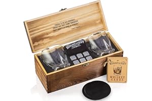 Mixology & Craft Whisky Gläser Geschenkset für Männer & Frauen - 2 Whiskey Gläser, 6 Whisky Steine, 2 Untersetzer mit lustigen Sprüchen & Rezeptkarten in Deko Geschenkbox aus Holz - Bar Zubehör