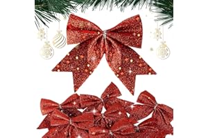 BHGT 24pcs Lazos Navidad Grandes para Árbol de Navidad Rojo con Purpurina 10cm Decoración Navidad Regalo Adornos Colgantes Navideños
