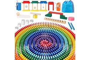 BuntWunder 600 Stück Dominosteine Holzbausteine Domino Spiel Holz Bunte Domino Set Mit Zusatzblöcke Aufbewahrungsbeutel, Holzspielzeug Lernspielzeug Geschenk Domino Kinder Ab 3 4 5 Jahre (600 Pcs)