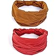 GiLi 2 Pack Wide Headbands for Women Boho African Knotted Non Slip Fashion Hair Bands Yoga Running Sports Workout Gym Head Wraps Elastic Soft Cotton Cloth Turbans Bandana for Girls (Brown,Red)