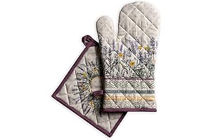 Maison d' Hermine Fanny Lavender Set di guanti da forno in 100% cotone (19cm x 33cm) e presina (20cm x 20cm) per barbecue, cottura, forno a microonde, grigliate, primavera, estate, Pasqua