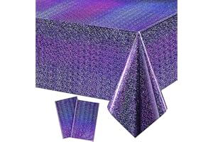 GRESATEK 2PCS Iridescent Party Tablecloth,Purple Laser Table Cover Plastic Holographic Foil Table Cloth Purple for Outdoor Picnic Birthday Baby Shower Wedding Party Decorations 137 x 274cm