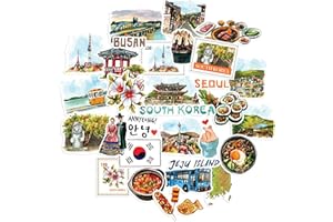 Navy Peony Adhesivos de viaje pintorescos para Corea del Sur (30 unidades) - Acuarela, impermeables, calcomanías de vacaciones en Seúl para diarios, álbumes de recortes