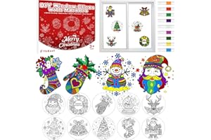 ThEast 10 Sheets DIY Christmas Window Clings, Color-Your-Own Window Stickers with 9 Drawing Markers, Stained Glass Art Kits, Christmas Decals Decoration