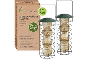 TTL Garden 2er Set 31cm Meisenknödelhalter mit Dach - Meisenknödel Halter für Wildvögel rund Ø 8 cm Stahl rostfrei grün pulverbeschichtet Futterstelle Vogelfutterspender für Garten Balkon Terrasse