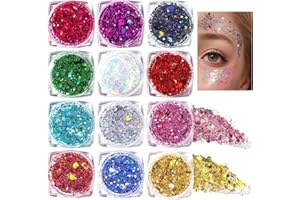 ‎CHARFIA Festival Glitzer Gesicht, 12 Stück Body Glitter Gel Chunky Sequin Face Body Glitter Festival Zubehör Accessoires Gadget, Haar Glitzer Festival Gesichtsglitzer Halloween Schminke Karneval Körperglitzer