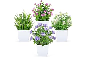BTSD-home 4 Pack Fake Plants Small Green Artificial Plants with Flowers Indoor for Home Office Bathroom Shelf Decor
