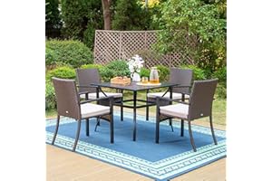 PHIVILLA 5-teiliges Outdoor-ESS-Set für 4, 94 cm quadratische Metall-Esstische und 4 gepolsterte Rattan-Korbstühle für Terrasse, Deck, Hof, Veranda