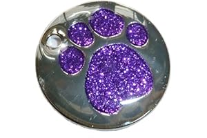 County Engraving Personalised Engraved 25mm Purple Glitter Paw Print Dog Pet ID Tag Disc.