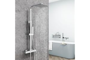 AICA SANITAIRE AICA Ensemble de Colonne de Douche Thermostatique pour Salle de Bain, Robinet de Douche Thermostatique, Laiton, Chromé, Hauteur Réglable 730 mm-1150 mm (Carré 3, argent)