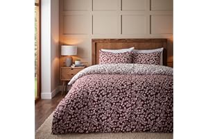 Catherine Lansfield Brushed Grace Floral Leaf Cotton Reversible Double Duvet Cover Set with Pillowcases Red