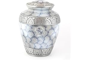 Hind Handicrafts Silver Engraved Adult Cremation Urn for Human Ashes - Handcrafted Funeral Memorial Ashes Urn - Large Burial Urn - BAG Included (7.5" x 7.5" x 9.5"- 200lbs or 91kg, Cloud White)