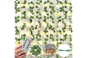 JACKYLED 25m 12 Stück Efeu Künstlich Pflanzen, Grün Blatt Efeu Rebe mit 10M LED-Licht, und Fernbedienung, Hängende Blätter für Hochzeit Schlafzimmer Party Wanddekoration