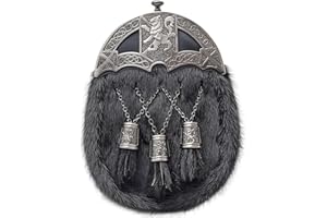 KILT MANIA Traditional Men's Scottish Kilt Sporran – Lion Rampant Design, Premium Black Leather, Brown Fur, and Antique Cantle – Full Dress Sporrans and Chain Belt