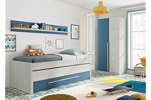 Miroytengo Pack habitación Juvenil con Cama Nido Estante de Pared, Armario y SOMIERES INCLUIDOS Color Blanco y Azul