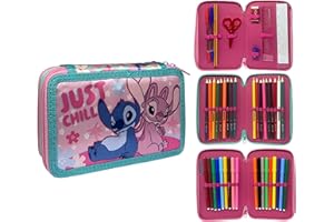 CARTOON Estuche de 3 cremalleras completo de 44 piezas para la escuela, multicompartimento, bolígrafos, lápices, colores, rotuladores Giotto, Stitch E Angel, Moderno