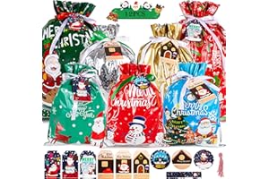 ZSYIULIA Christmas Wrapping Gift Bags Large Medium Small Multipack, 12Pcs Xmas Gift Bags with 20Pcs Tags, Large Medium Drawstring Bag, Christmas Bag for Present, Assorted Sizes for Xmas Birthday Holiday Party
