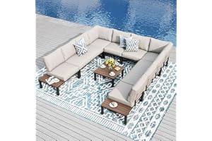 PHI VILLA Garden Furniture Metal Corner Sofa 10 Seaters, U shaped Outdoor Conversation Sofa Couch Set, 9 Pieces Patio Sectional Furniture Sets with Thickened Cushions, Beige