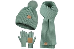 VZV Damen Winter Beanie Mütze Schal Handschuhe Set Fleece Gefütterte Strick Pompon Mütze Warm Halstuch Touchscreen Handschuhe Geschenk Für Frauen