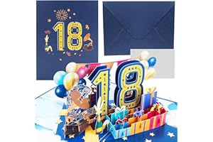 BLUELVES Niebieska kartka urodzinowa na 18, 18. urodziny 3D, kartka z życzeniami, 18 niebieska rocznica dla dziewcząt i chłopców, kartki z życzeniami pop-up na 18 urodziny, rocznicę, z kopertą na kartę podarunkową