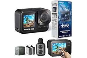 WANNTO Action Cam Motion Max 5K 30MP,IPX8 Unterwasserkamera 20M Wasserdicht ohne Gehäuse WiFi EIS Dual-Screen, mit 2in1 kabellosem Mikrofon Fernbedienung (Motion Max)
