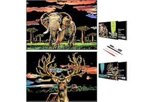 SIYEAR Scratch Painting Art Paper,Animal Series Scratchboard for Kids & Adults, Gifts&Arts Craft Kits with 4 Tools,Size:16''x11'' (Elephant & Deer)