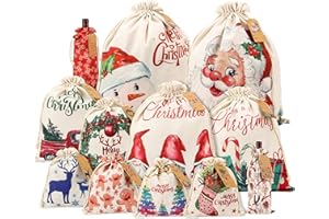 GIIFFU Sacs d'emballage de Noël pour Cadeaux-lot de 12 Sacs de Noël Réutilisables en Toile de Jute noel avec Cordon de Serrage, Grands Pochette Cadeaux Noel Taille Différentes, Sac Cadeau avec Étiquette