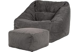 ‎ICON Icon Natalia Sitzsack Sessel mit Hocker für Erwachsene, Dunkelgrau, Flauschiger Cord Stoff, Riesen Sitzsack Cord mit Füllung, Bean Bag Chair, Bequemer Sessel Wohnzimmer, Lounge, Schlafzimmer, Büro