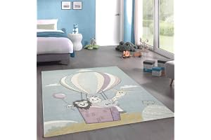 CARPETIA Barnmatta lekmatta babymatta pojkar varmluftsballong med djur blå storlek 160 x 230 cm