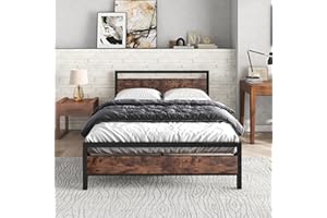 JURMERRY JELUTE Double Bed Metal Bed Frame with Wooden Headboard and Footboard Heavy Duty Steel Support, No Box Spring Needed, Easy Assembly,Black
