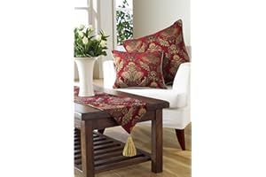 Paoletti Shiraz - Camino de mesa, color rojo y dorado, bordado de damasco, forro antideslizante, con borlas, 100% poliéster, 33 x 230 cm, fabricado por Riva