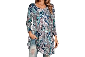 Enmain Womens Casual Tunic Top 3/4 Long Sleeve Longline Blouse Ladies Swing Tunic Top Loose Blouse T Shirt Round Neck Stretch Comfortable Holiday