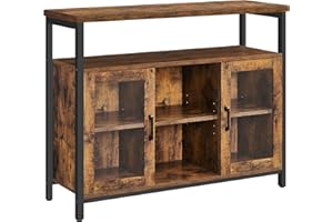 VASAGLE Armadietto, Credenza con 2 Ante in Vetro, Tavolo da Buffet, Mobile TV, Ripiano Regolabile, Sala da Pranzo Soggiorno Cucina, 100 x 35 x 80 cm, Marrone Vintage e Nero LSC095B01