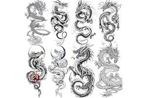 COKTAK 8 Sheets Dragon Temporary Tattoos For Men Women Adults, Black Realistic Dragon Tattoo Sticker Half Arm Sleeve, Waterproof Tribal Totem Fake Tattoos Halloween