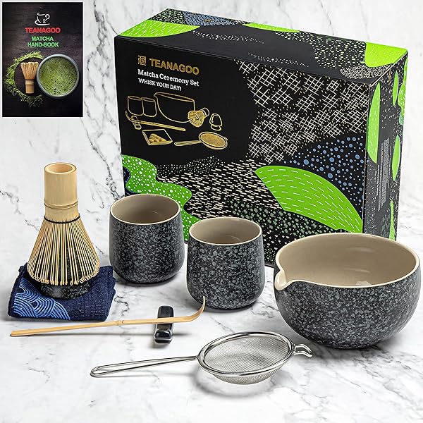 Organic Moya Matcha Green Tea Set | 30g Traditional Grade (I & II) Package + Bowl + Whisk + Holder + Spoon | Traditional Ceremonial Grade Powder Complete Prep Set Gift