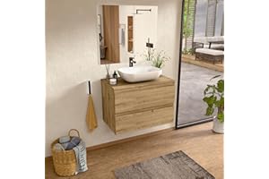 BELLOBATH - Mueble Baño Suspendido con Lavabo de Cerámica y Espejo, Mueble Baño con Lavabo Montado con 2 Cajones, 60 x 55 x 46 cm, Mueble Roble
