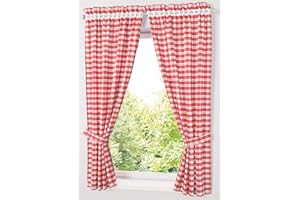 Yaland Blickdichter Vorhänge mit Karo-Muster Landhaus Gardinen Wohnzimmer Gardinenschals mit Raffhalter (HxB 120x80cm, rot) 2 Stück
