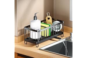 PKBD Kitchen Sink Caddy, Rustproof 304 Sponge Holder with Removable Drain Tray&Partitions, Dishcloth&Brush Drainer Rack, Kitchen Storage Organiser for Sink Tidy, Black
